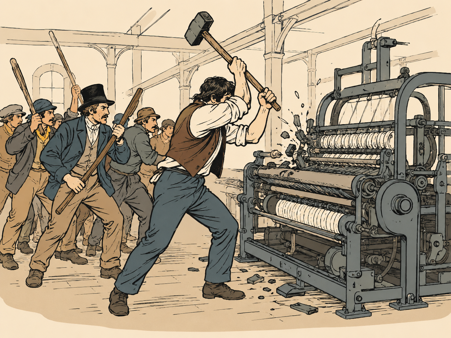 Dramatization of Luddites smashing a textile machine in the early 1800s